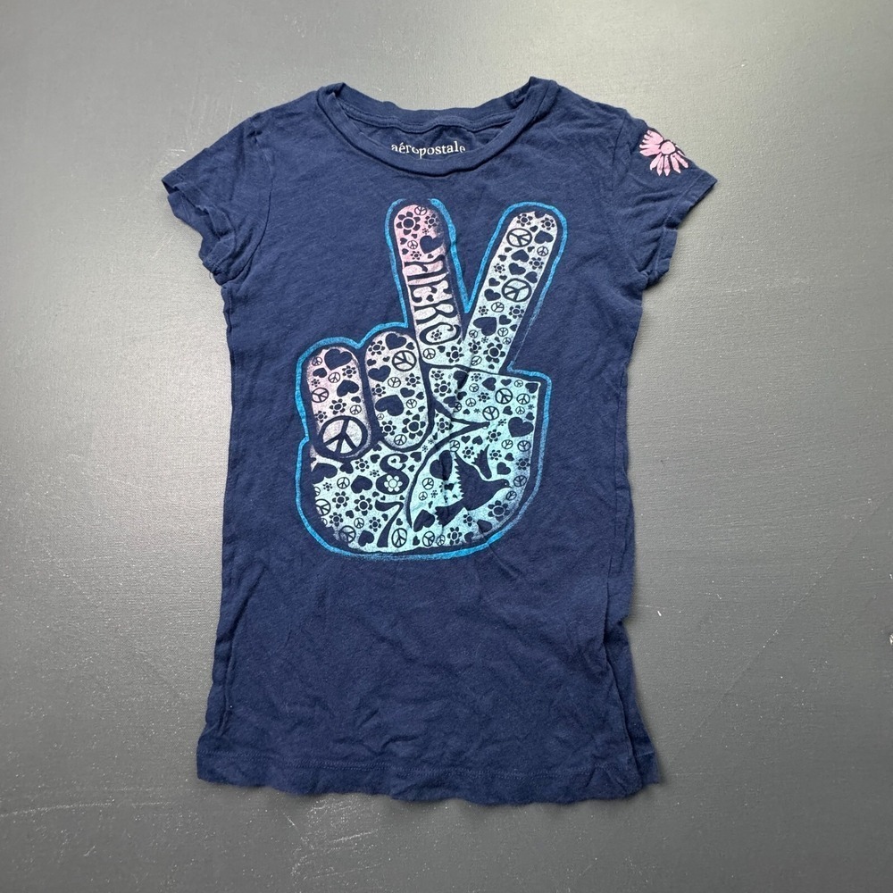 Aeropostale Women's Small Navy Blue Peace Sign Graphic Tee Short Sleeve Cotton